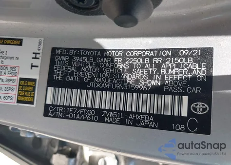 2022 Toyota Prius Le из США, поврежденный, VIN JTDKAMFU9N3159967